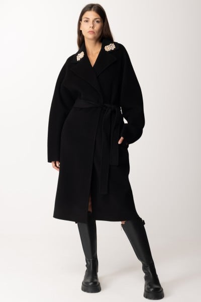 Elisabetta Franchi  Wełniany płaszcz ze szpilkami w klapach CP50D37E2 NERO