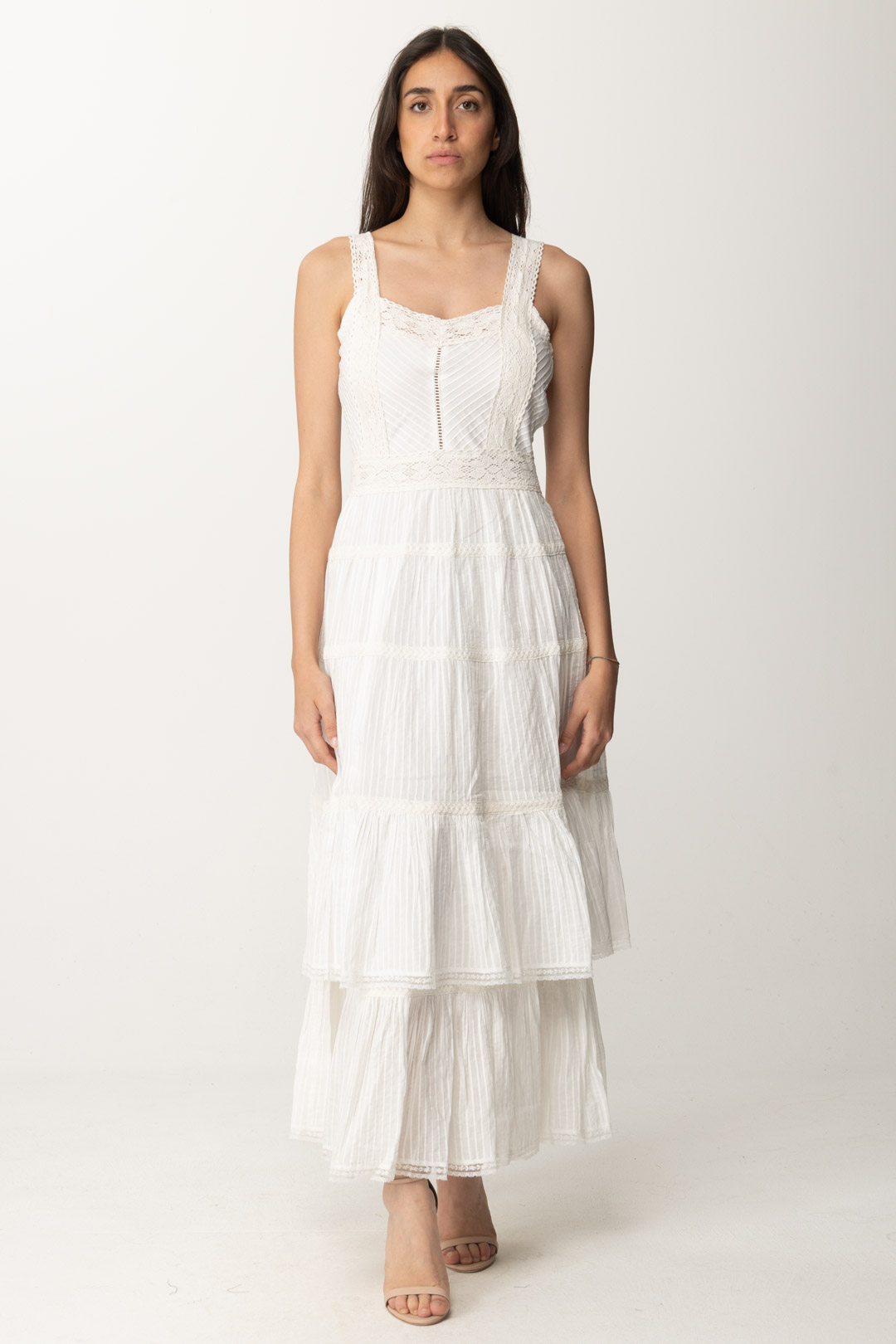 Preview: Twin-Set Long dress with flounces and lace BIANCO OTTICO