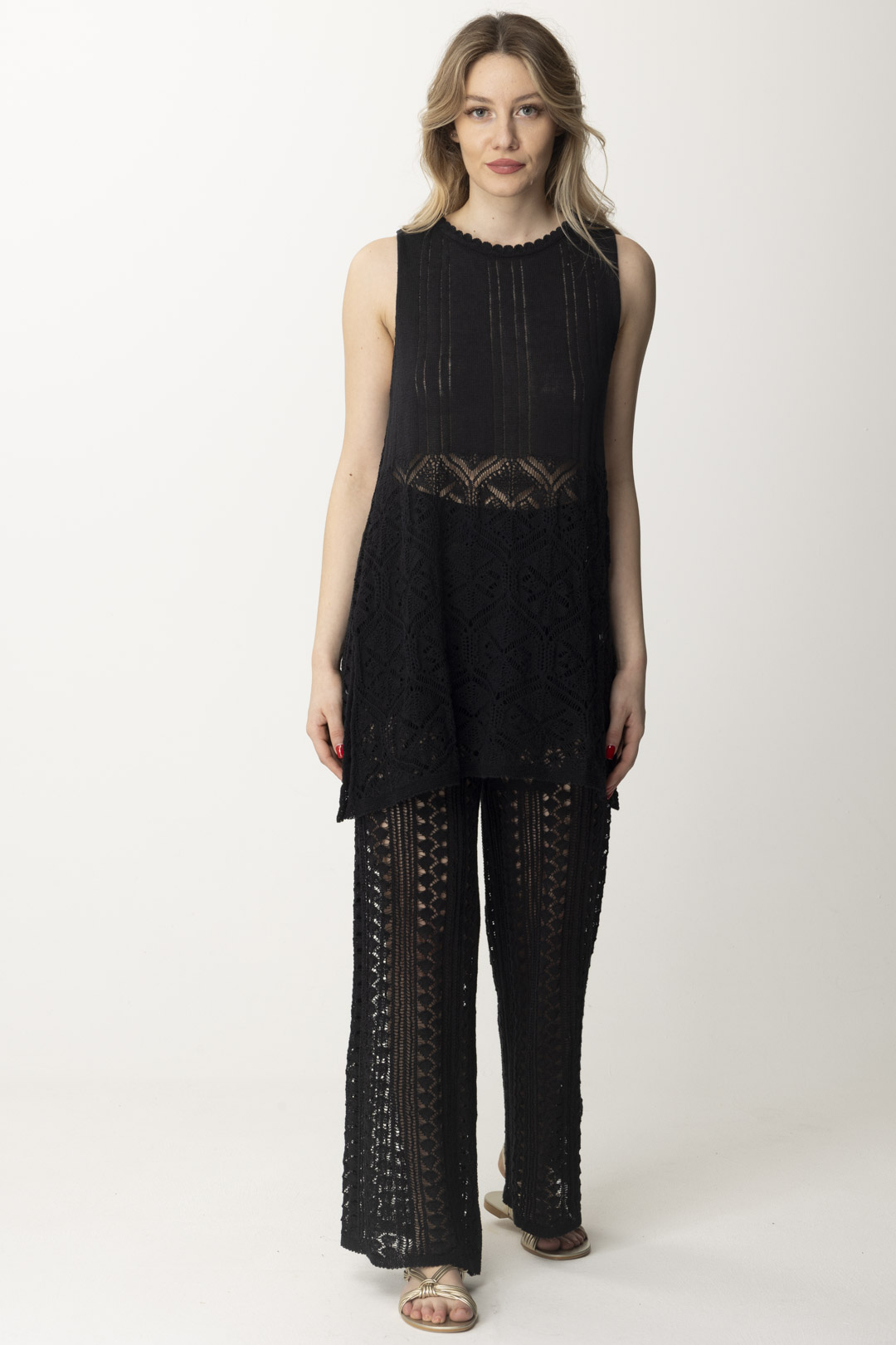 Preview: AKEP Linen Knit Perforated Palazzo Pants Nero