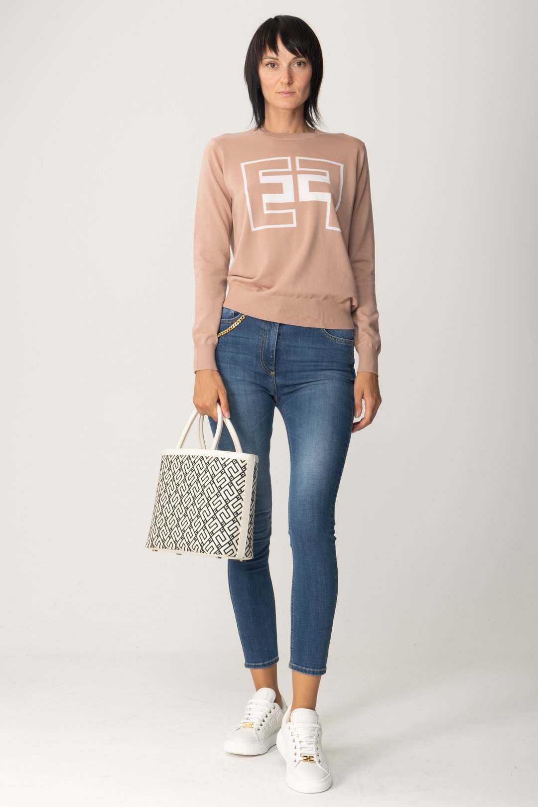 Preview: Elisabetta Franchi Knit pullover with contrasting logo NUDO/BURRO