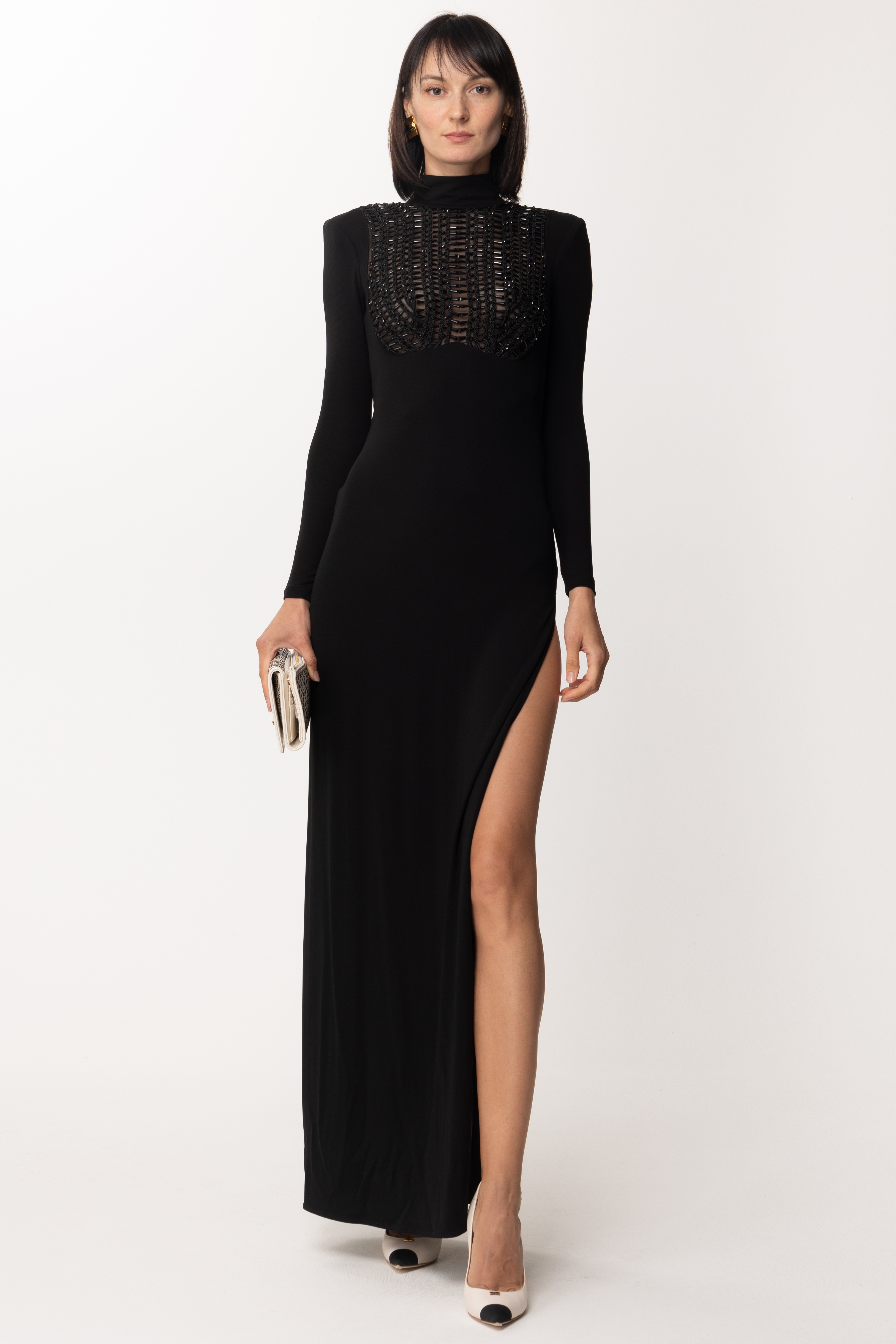 Preview: Elisabetta Franchi Red Carpet dress with embroidered plastron Nero