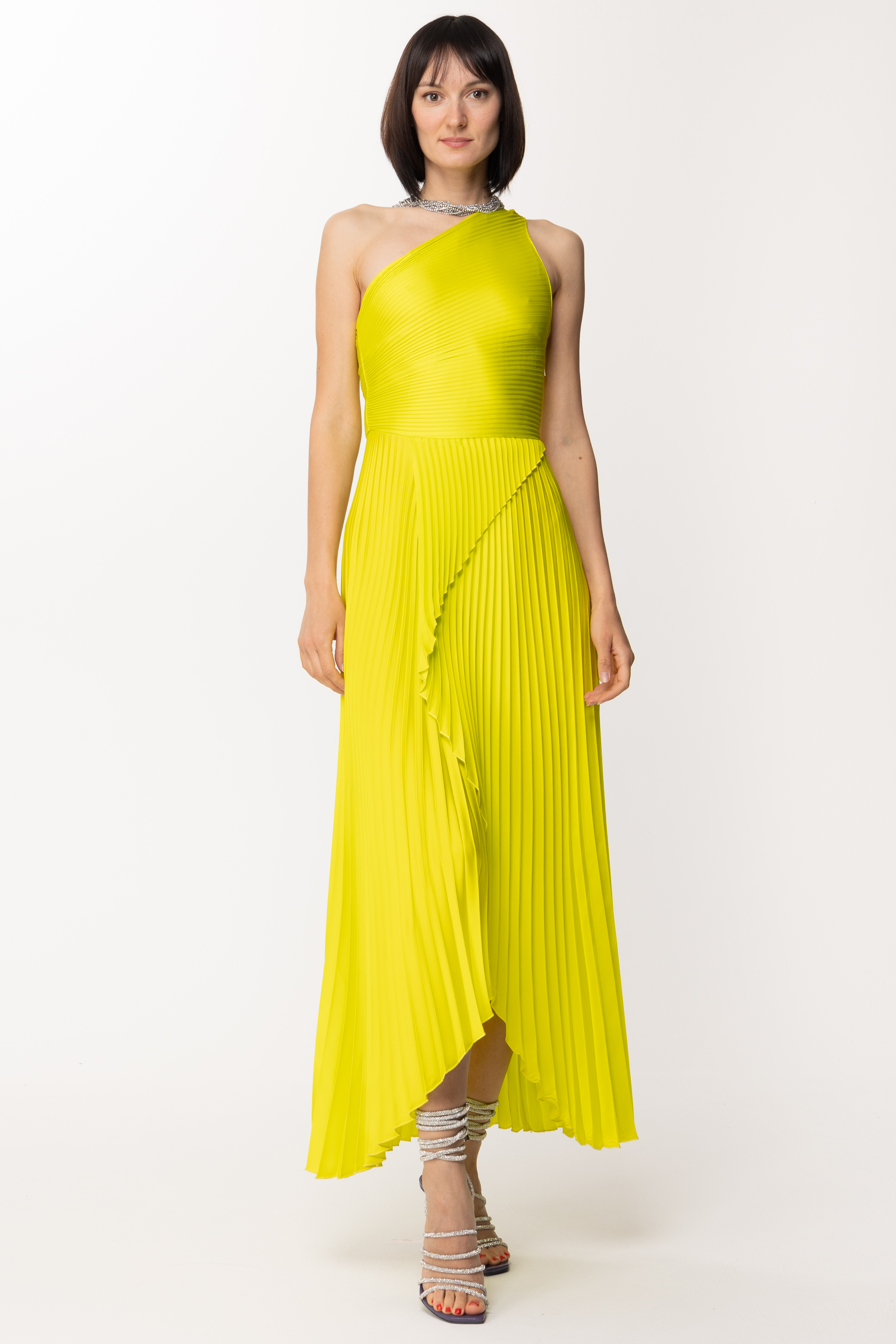 Vorschau: Simona Corsellini One-Shoulder-Kleid mit Faltenrock Lime