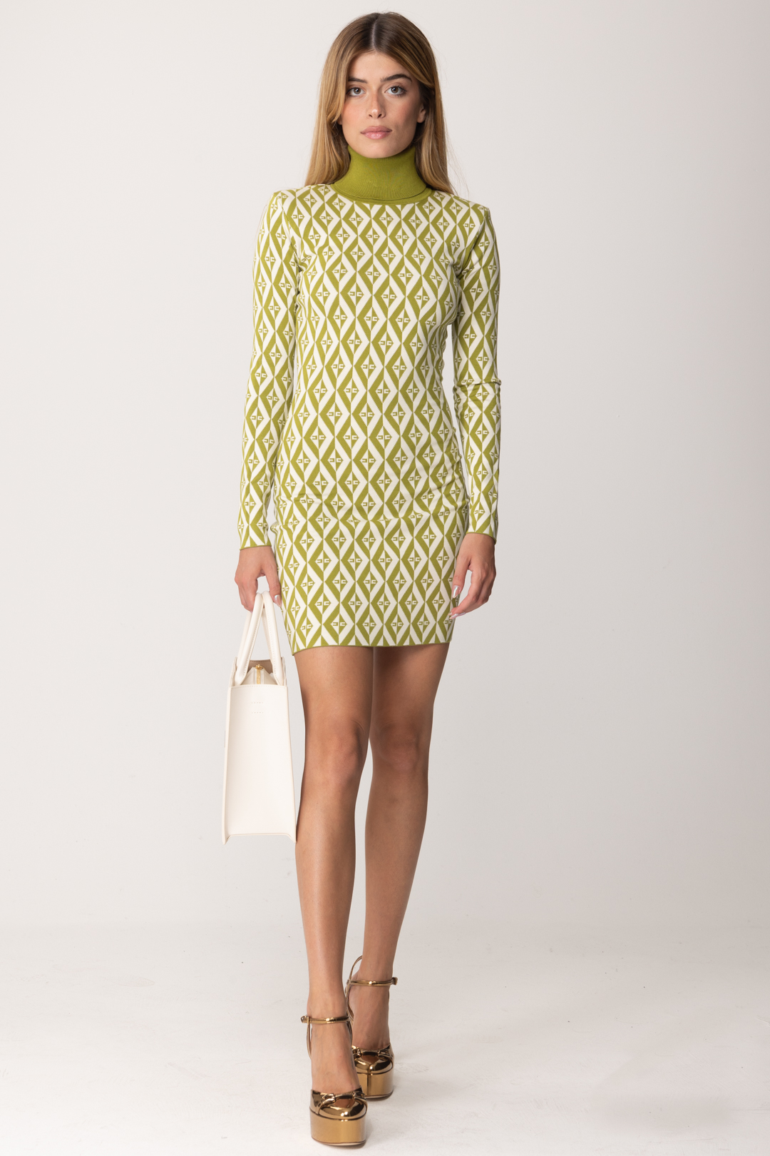 Preview: Elisabetta Franchi Rhombus print two-tone knit mini dress OLIVE OIL/BURRO