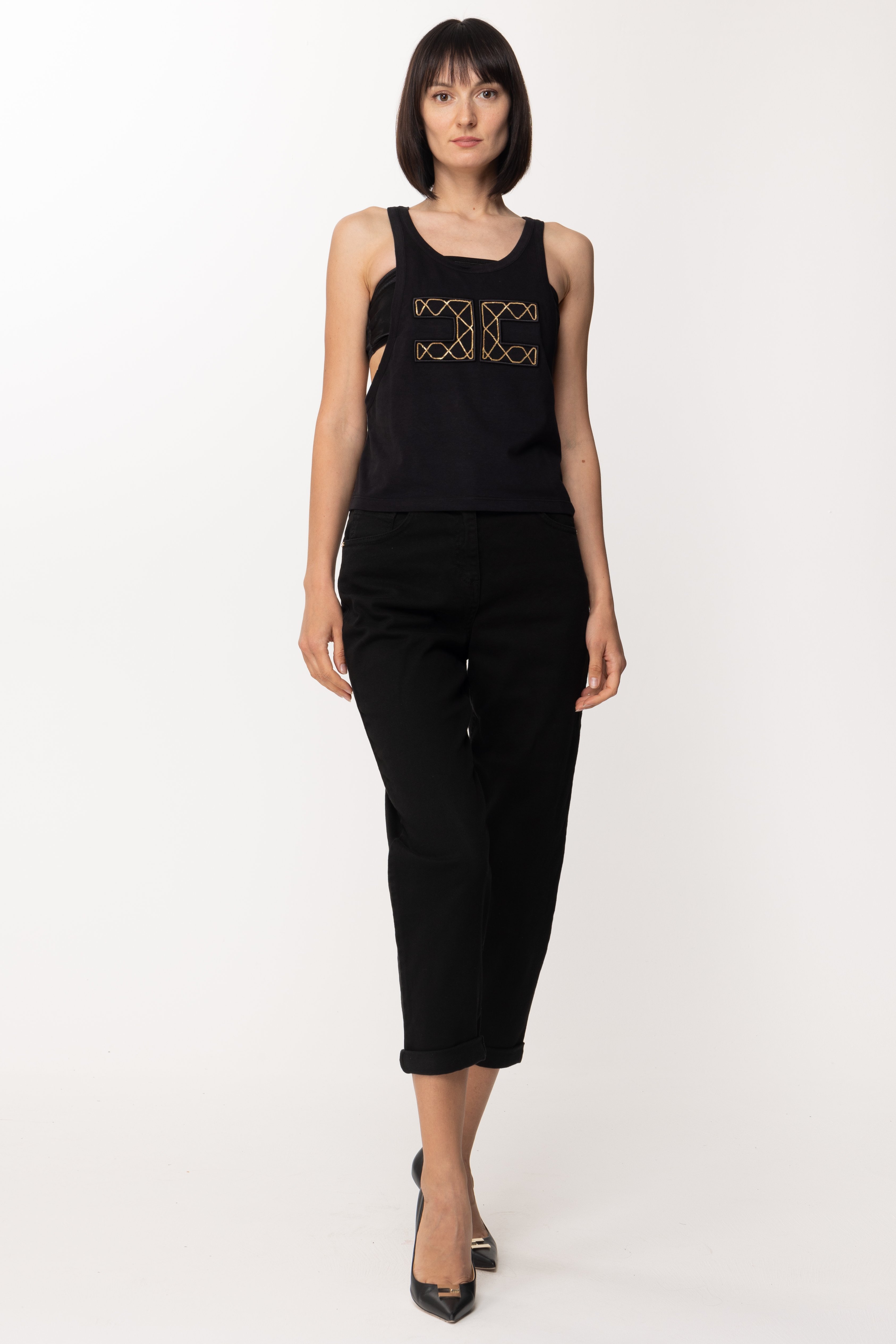 Preview: Elisabetta Franchi Top with embroidered logo Nero