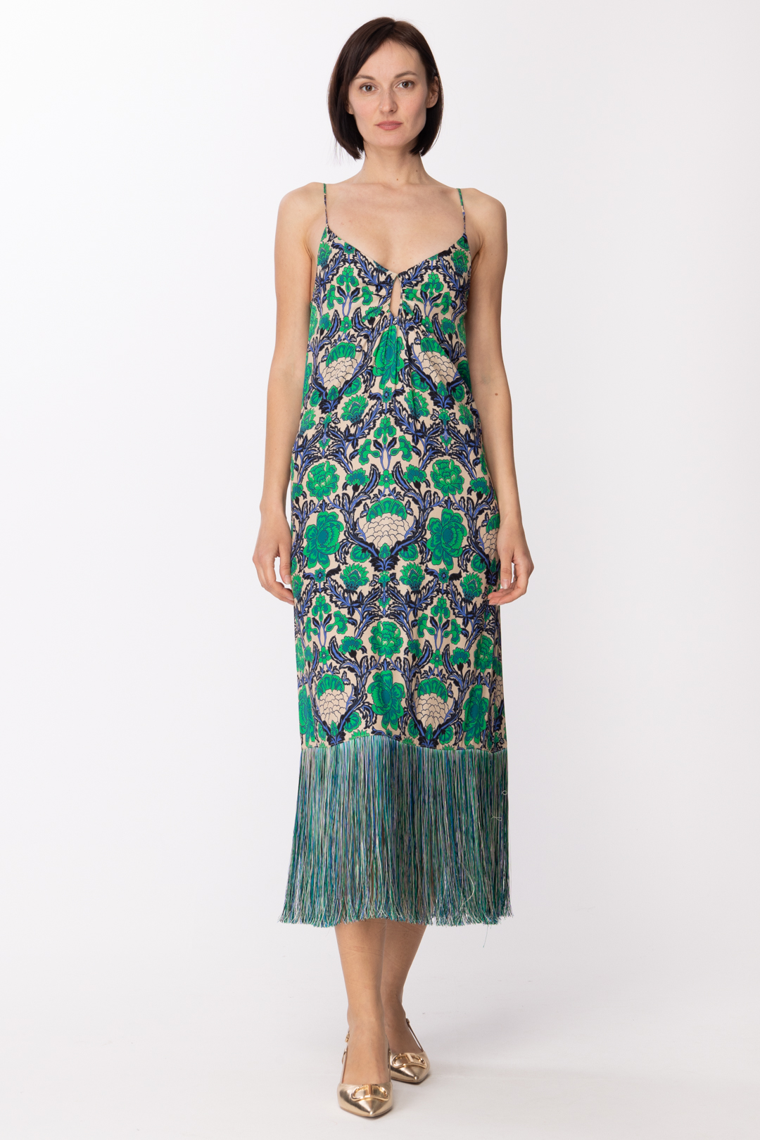 Preview: Simona Corsellini Long dress with floral print and fringes BRIGHT GREEN