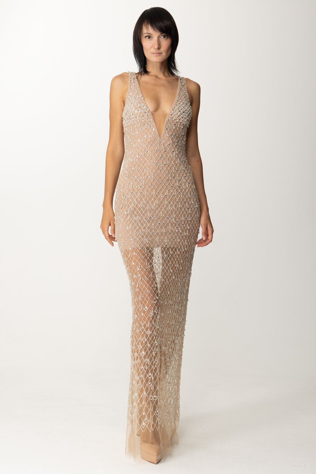 Preview: Elisabetta Franchi Red Carpet dress in embroidered tulle Nudo/Cristal