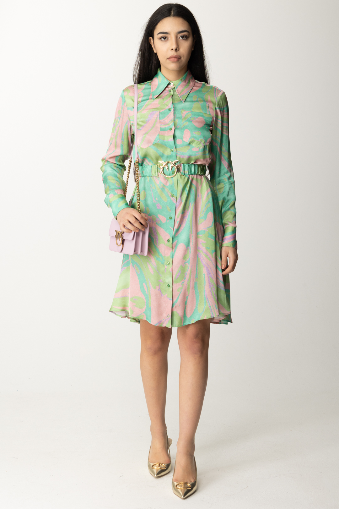 Podgląd: Pinko Koszulowa sukienka z nadrukiem w groszki, z paskiem MULT VERDE/ROSA