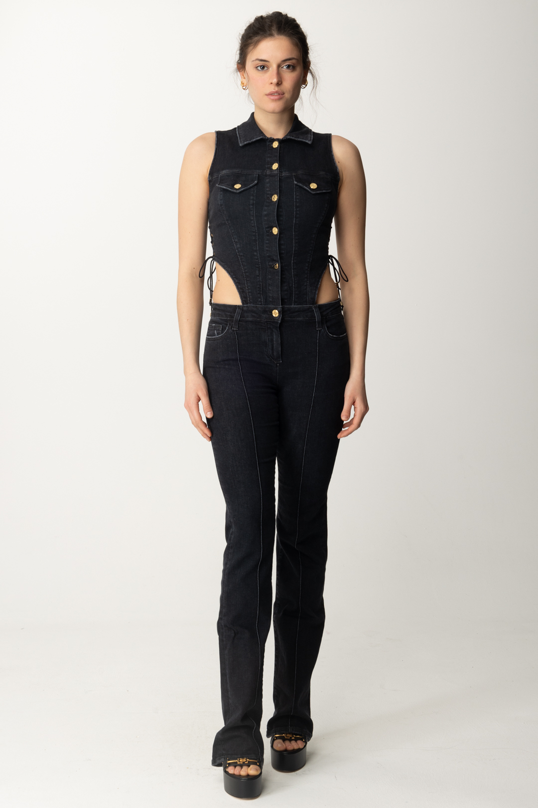 Aperçu: Elisabetta Franchi Combinaison longue en jean avec découpe et tissages Used black