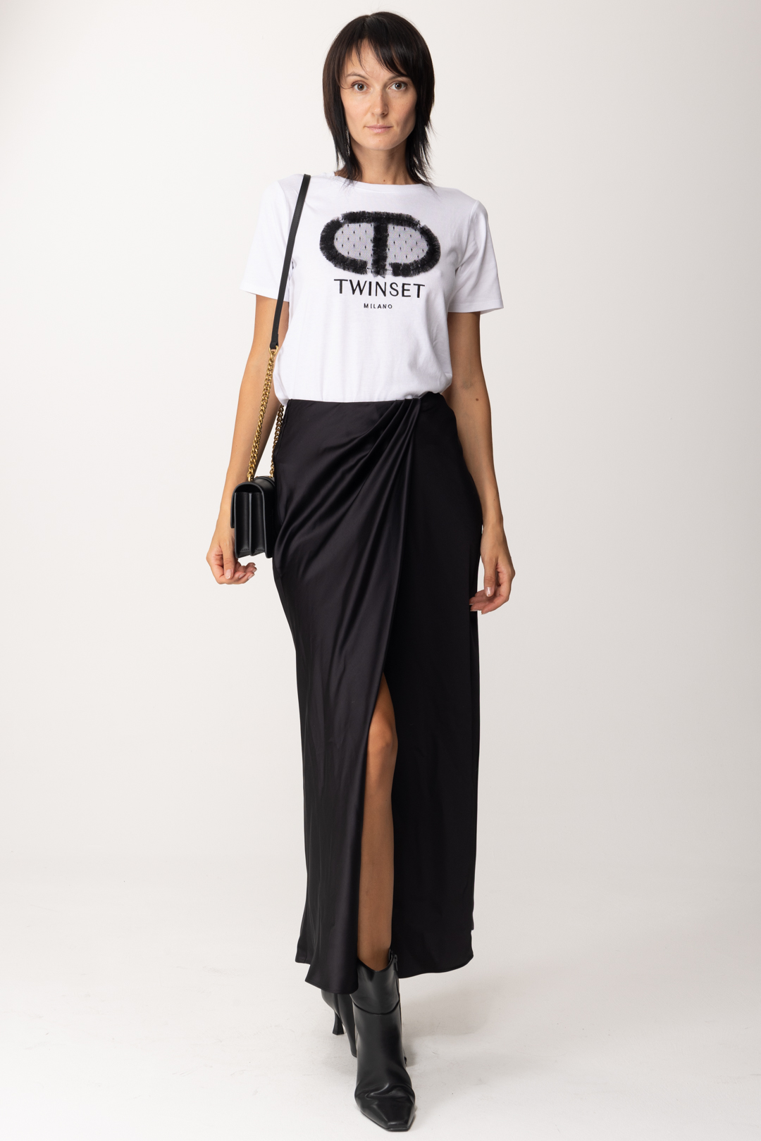 Preview: Twin-Set T-shirt with tulle logo BIANCO RICAMO NERO