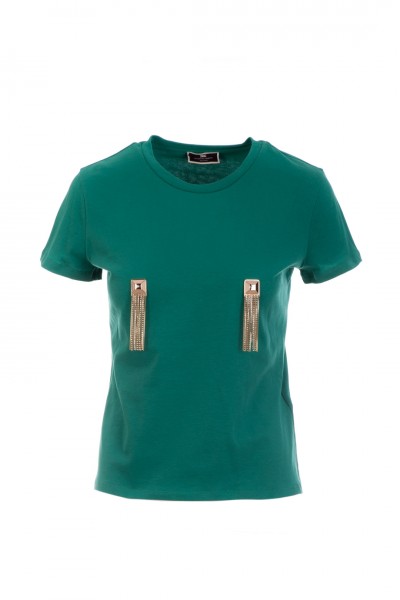 Elisabetta Franchi  T-shirt with logo and fringes applique MA01126E2 Smeraldo