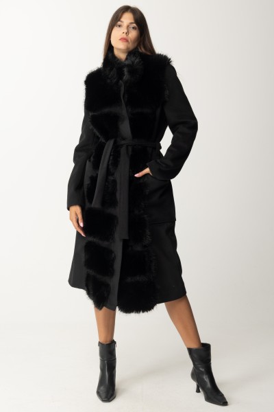 Yes London  Coat with belt at the waist and faux fur inserts CD1164 NERO