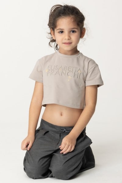 ELISABETTA FRANCHI BAMBINA  T-shirt z napisem i haftowanym urokiem EGTS0770JE006.5012 PEARL