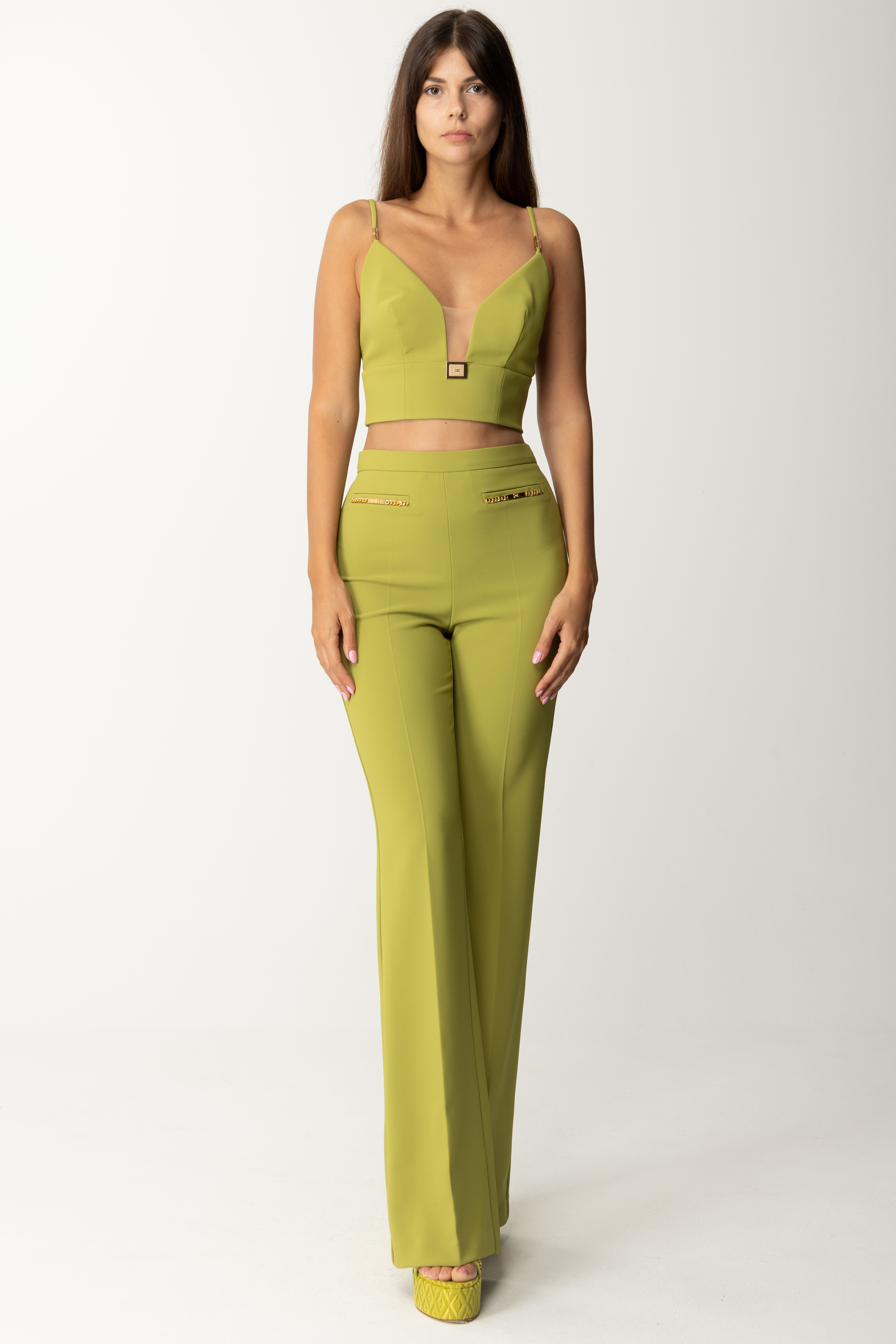 Preview: Elisabetta Franchi Top with cups and thin straps with metal accessories OLIVE OIL