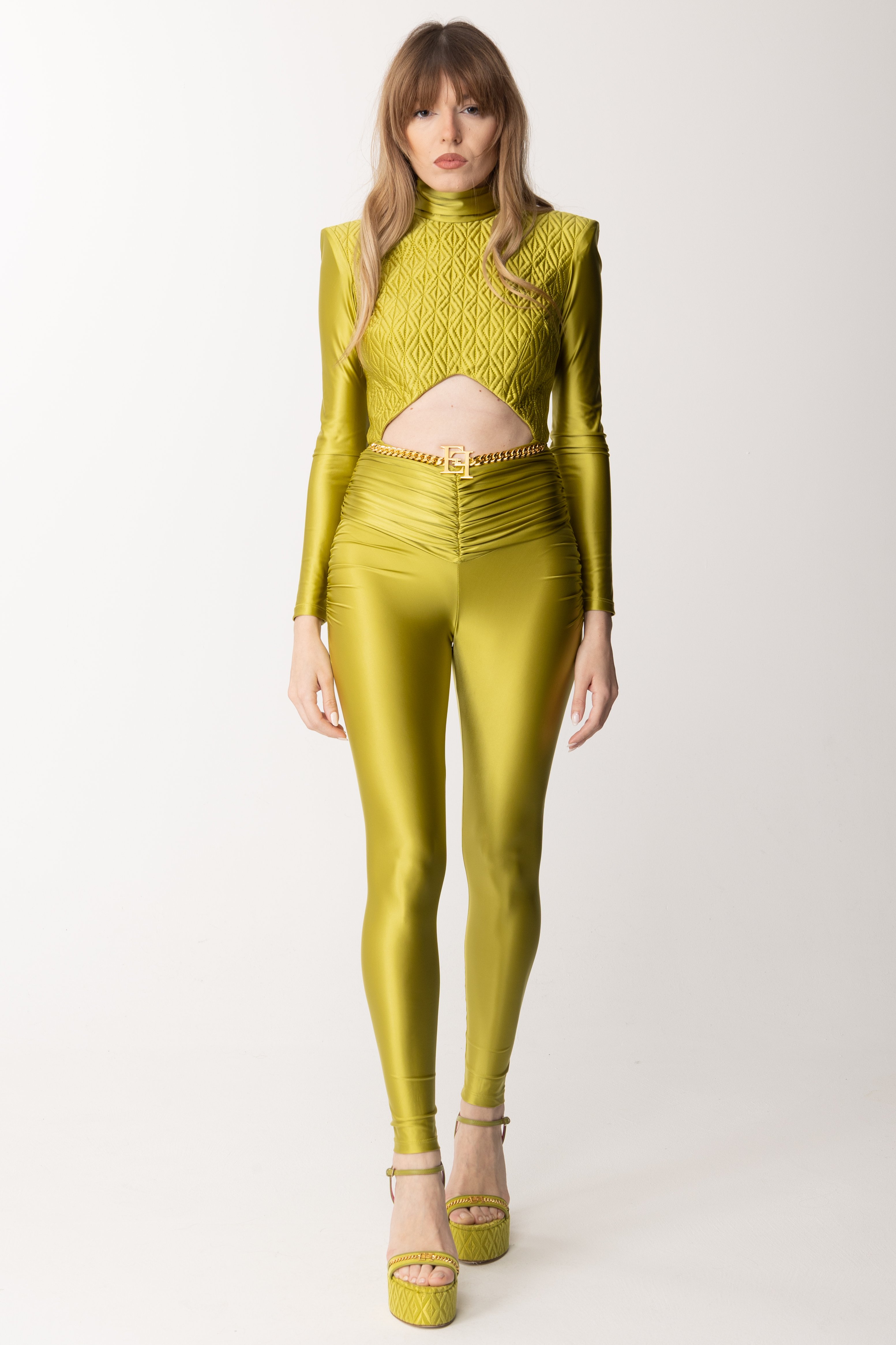 Preview: Elisabetta Franchi Lycra jumpsuit with rhombus embroidery OLIVE OIL