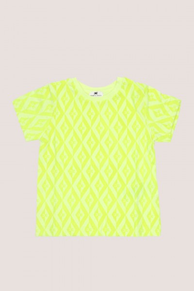 ELISABETTA FRANCHI BAMBINA  Jersey T-shirt with diamond print and all-over logo EGTS0740JE006A1009 LIME FLUO