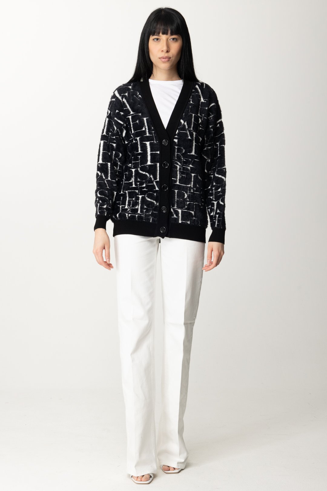 Preview: Elisabetta Franchi Oversized knit cardigan with lettering print Nero/Burro