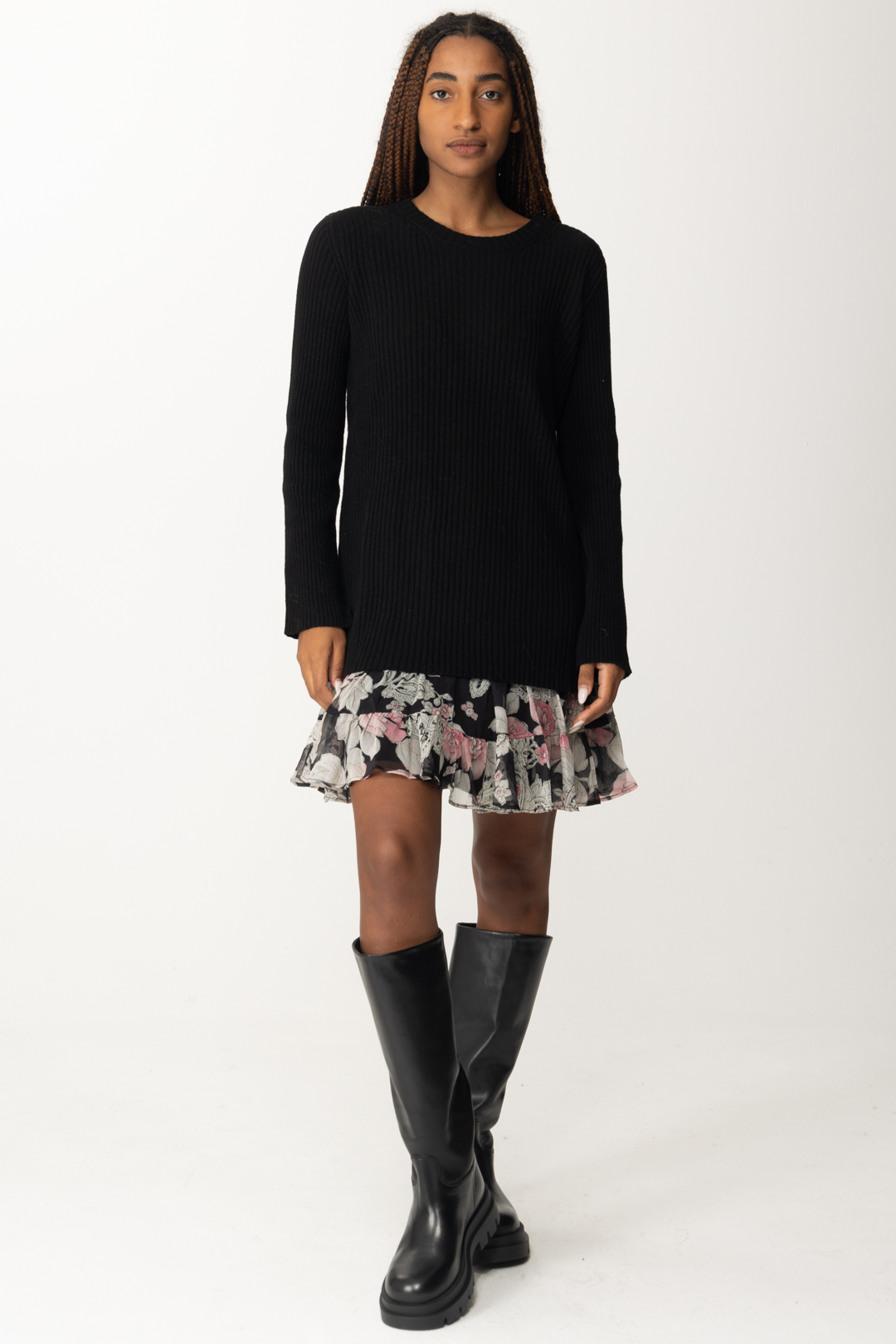 Preview: Twin-Set Alpaca-blend knit dress wiht petticoat NERO/STAMPA CACHEMIRE AND ROSE