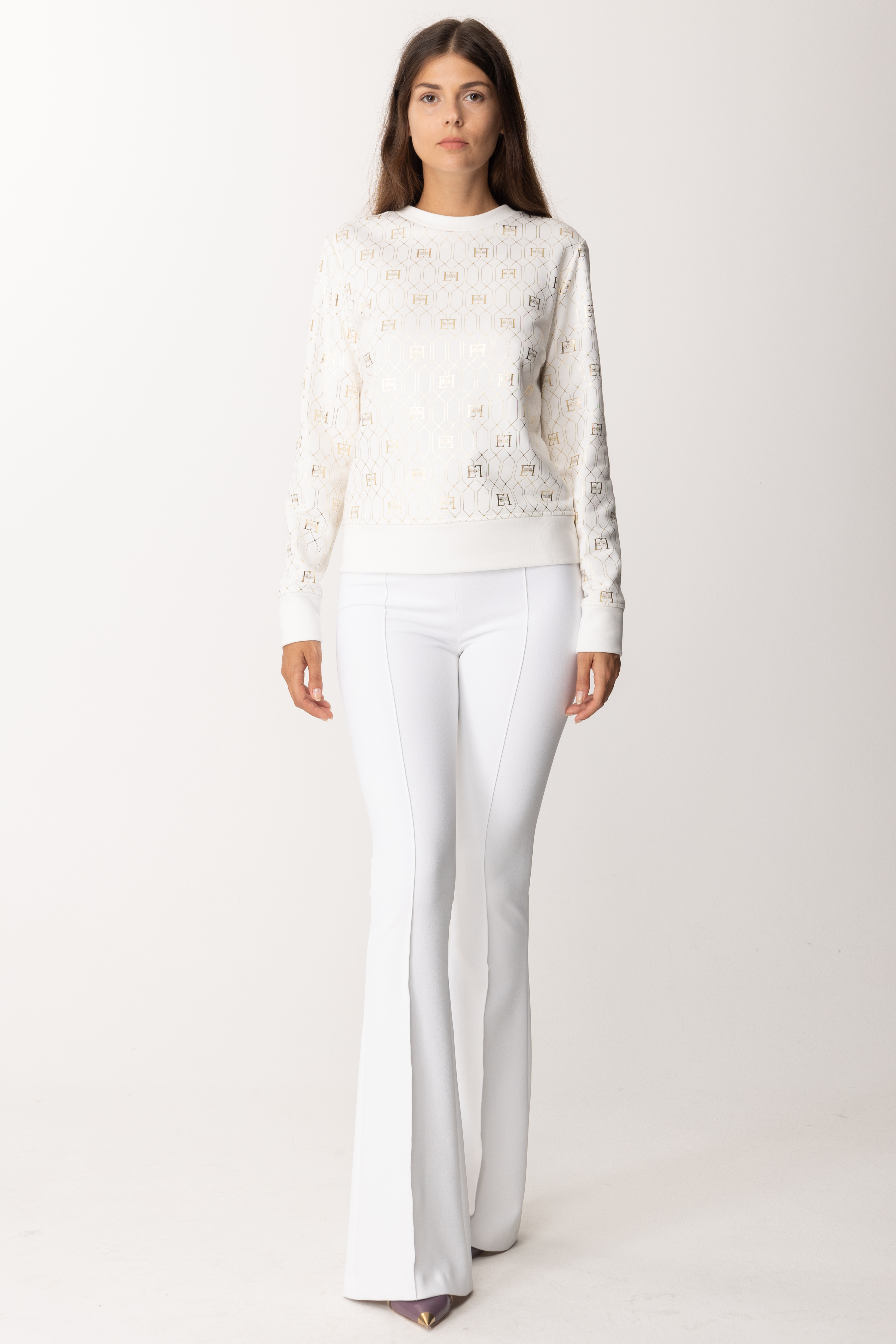Preview: Elisabetta Franchi Cotton sweater with deco logo Avorio