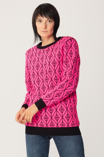 Elisabetta Franchi  Dzianinowy sweter oversize z kontrastowym logo MK19R36E2 PINK FLUO/NERO