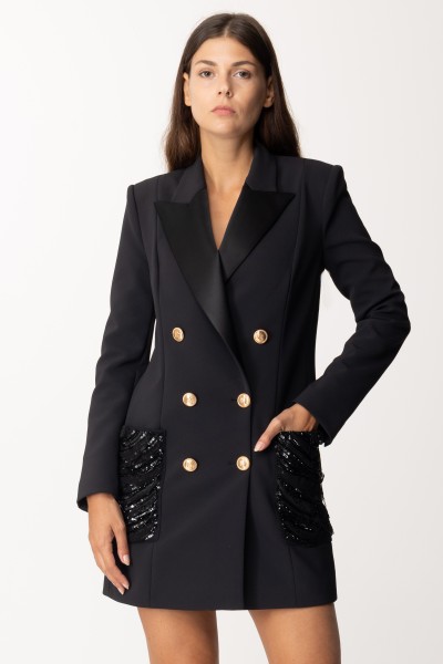 Elisabetta Franchi  Robe-manteau en double crêpe avec poches brodées AB44037E2 NERO
