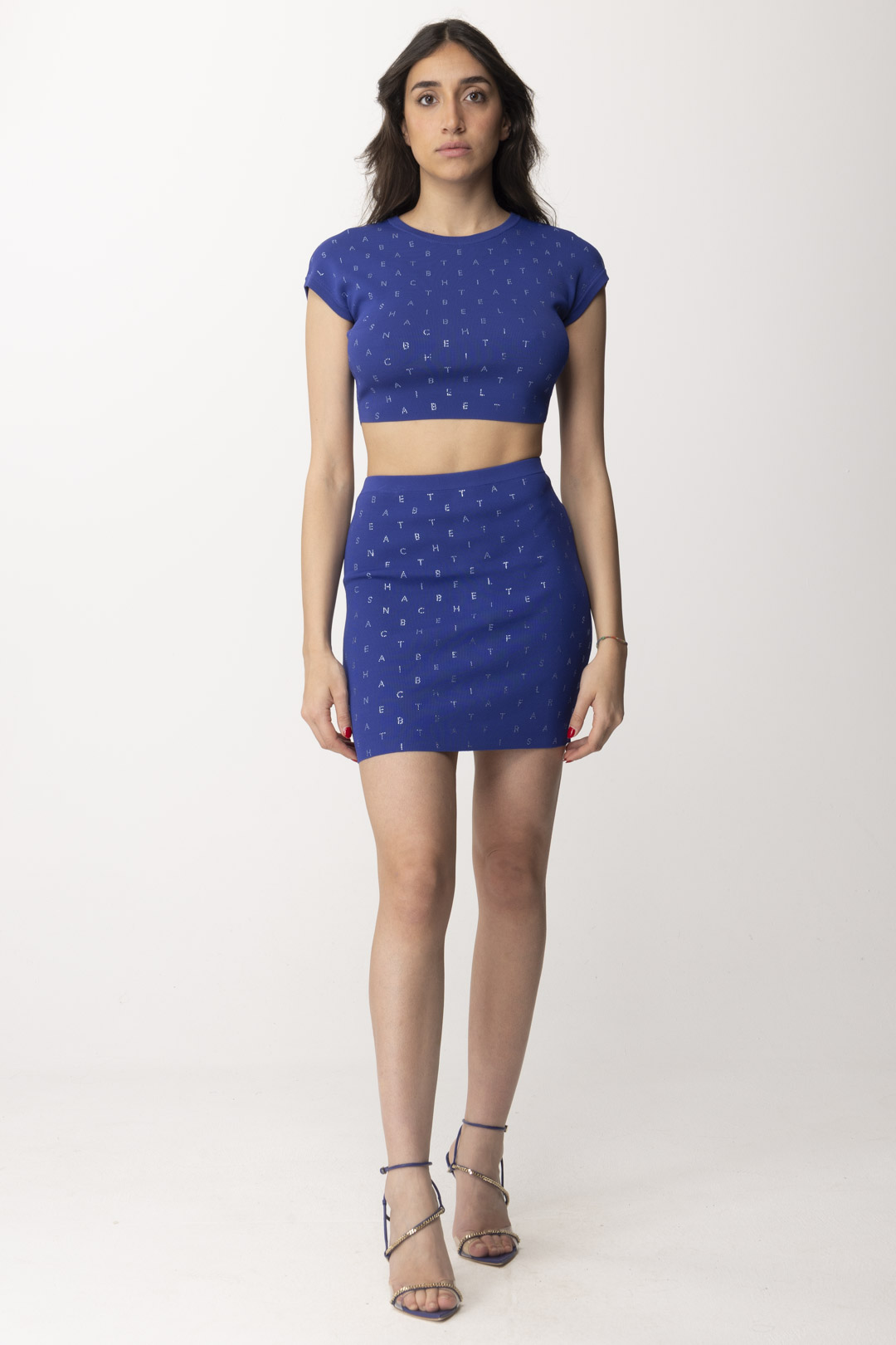 Preview: Elisabetta Franchi Miniskirt with Rhinestone Lettering BLUE INDACO