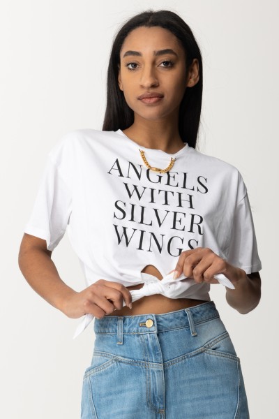 Elisabetta Franchi  Crop T-shirt with Slogan Print and Gold Accessory MA02041E2 GESSO