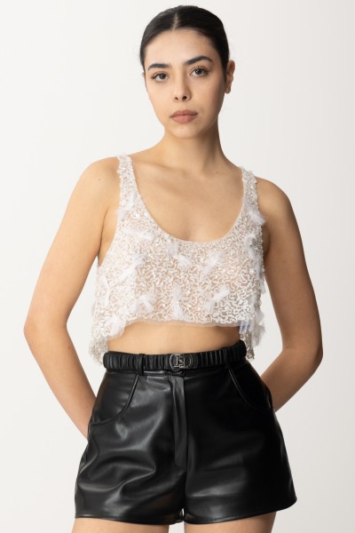 Elisabetta Franchi  Tulle crop top with sequins and fringes CN00642E2 AVORIO