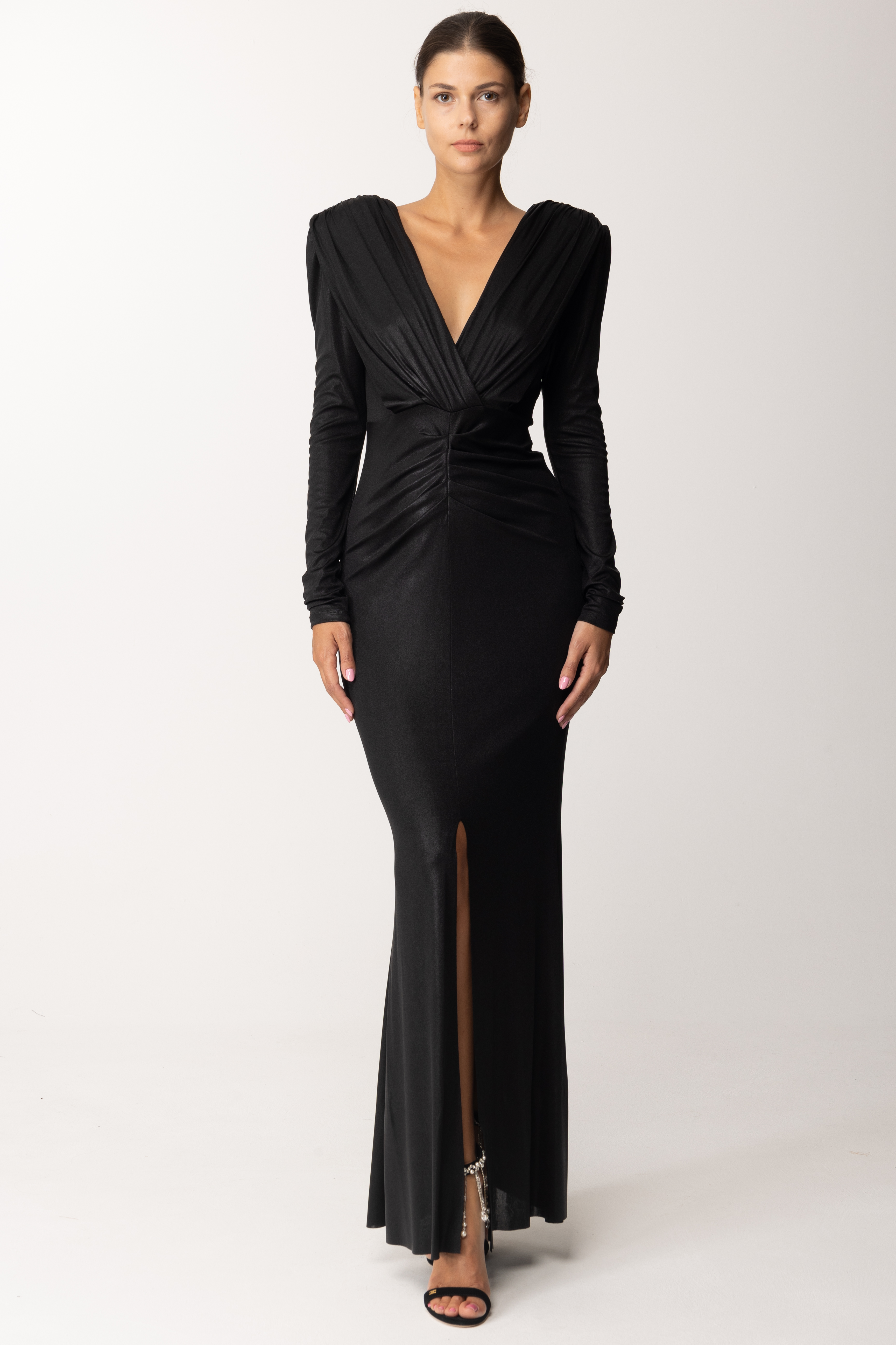 Preview: Dramèe Long Dress with Pleated Neckline Nero