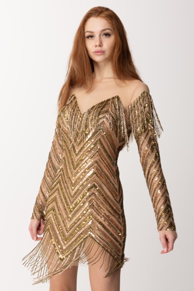 Elisabetta Franchi  Sukienka mini z tiulu, haftowana z frędzlami AB45037E2 OLIVE OIL/GOLD
