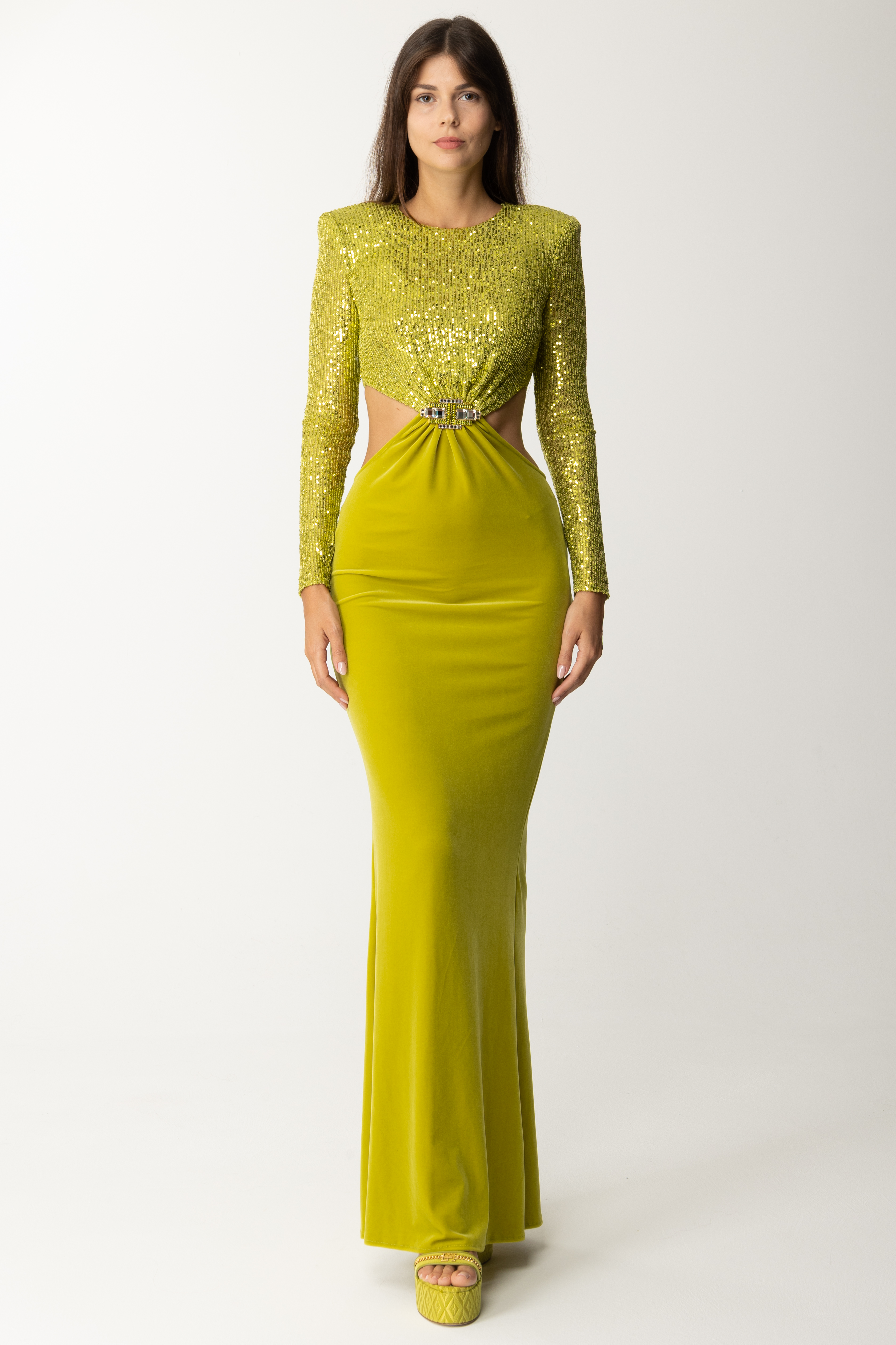 Preview: Elisabetta Franchi Red Carpet Dress with Embroidered Top and Cut-Out OLIVE OIL