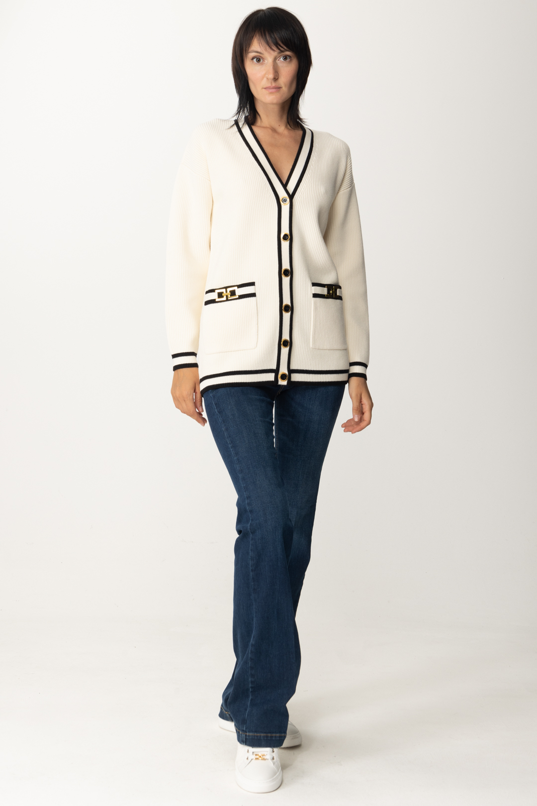 Preview: Elisabetta Franchi Cardigan with contrasting inserts Burro/Nero
