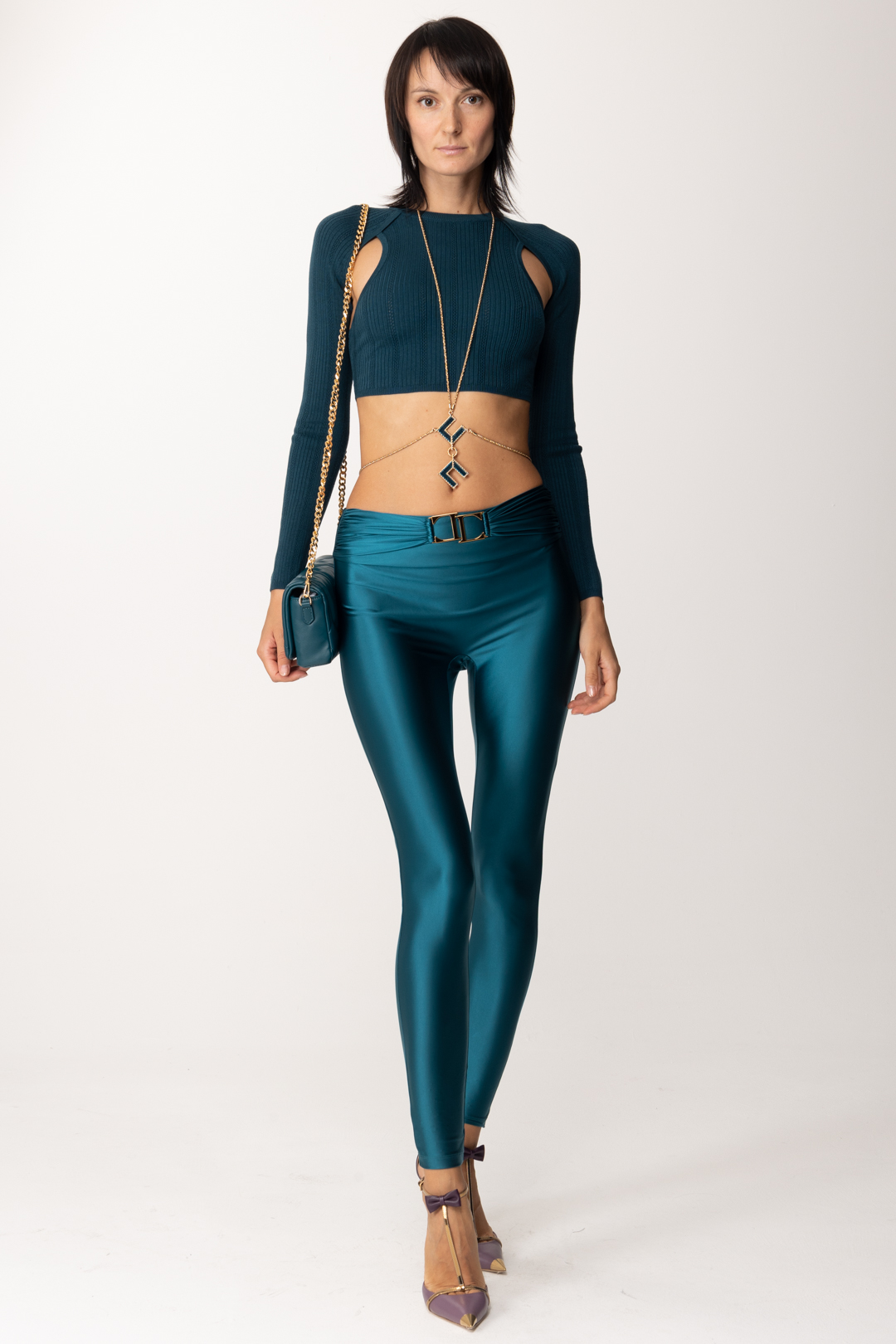 Preview: Elisabetta Franchi Ribbed crop top with cut-out Pavone