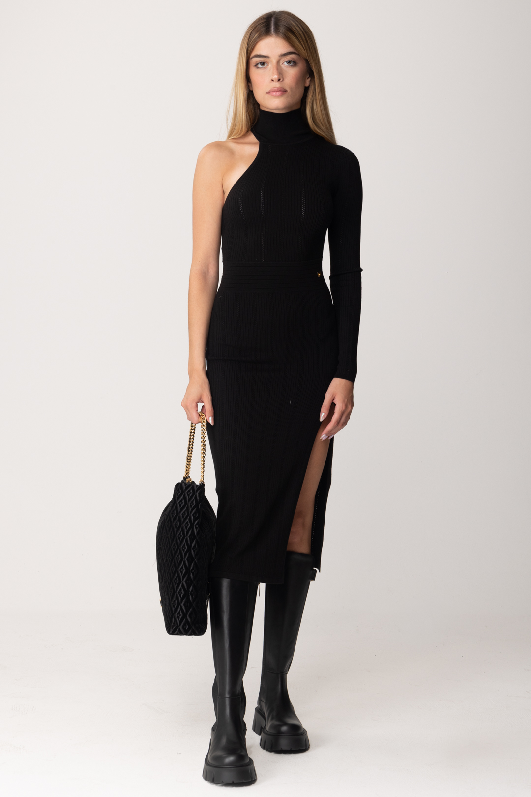 Preview: Elisabetta Franchi One-shoulder knit midi dress Nero