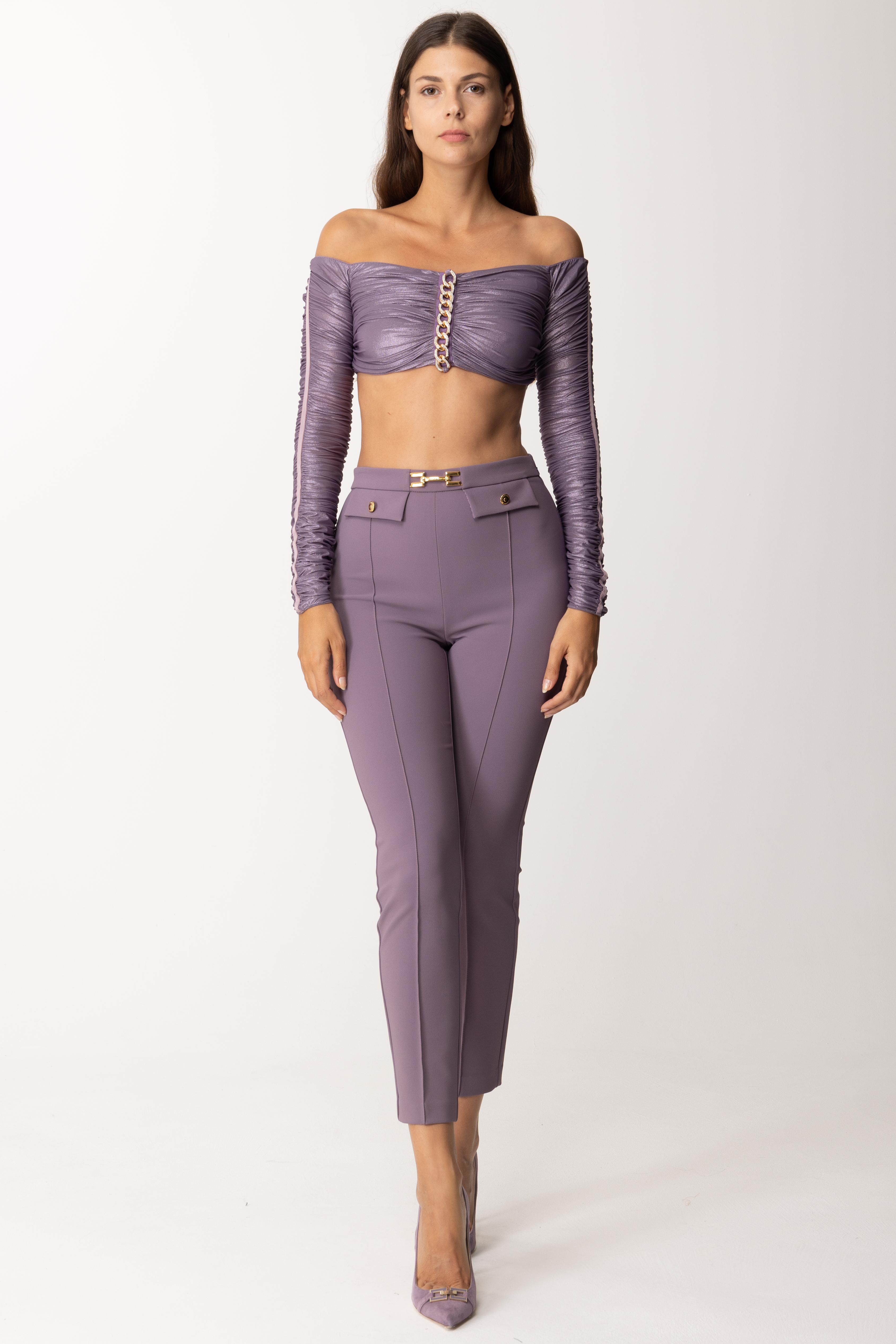 Preview: Elisabetta Franchi Laminated jersey crop top with chain CANDY VIOLET