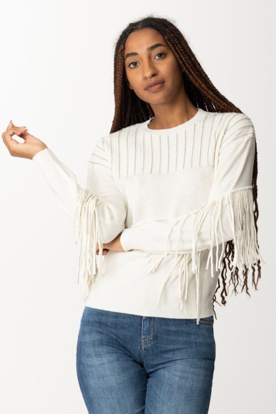 Pinko  Pullover with Fringes and Rhinestones 102082 A19L BIANCO LATTE