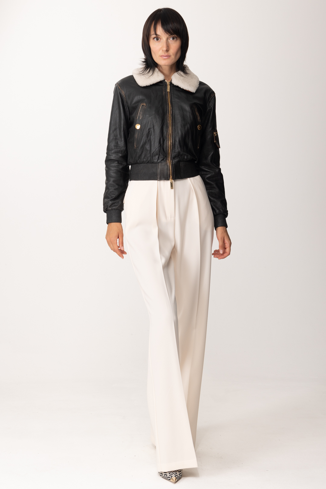Preview: Elisabetta Franchi Bomber jacket in leather with sheepskin collar CUOIO SCURO