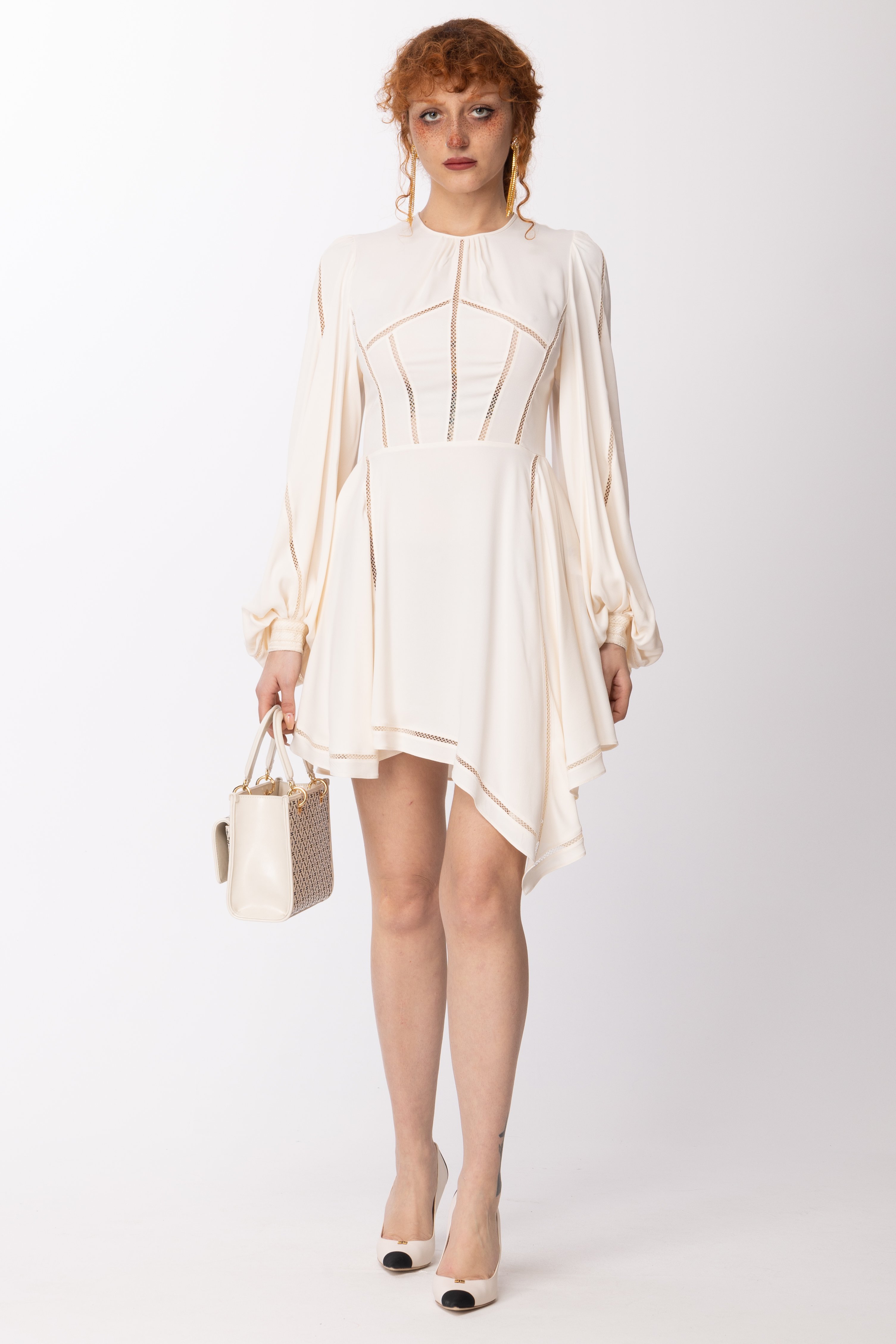 Preview: Elisabetta Franchi Asymmetrical mini dress with jour embroidery Burro