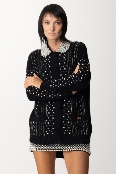 Elisabetta Franchi  Cardigan in lana con ricamo di perle e strass MK18B37E2 NERO