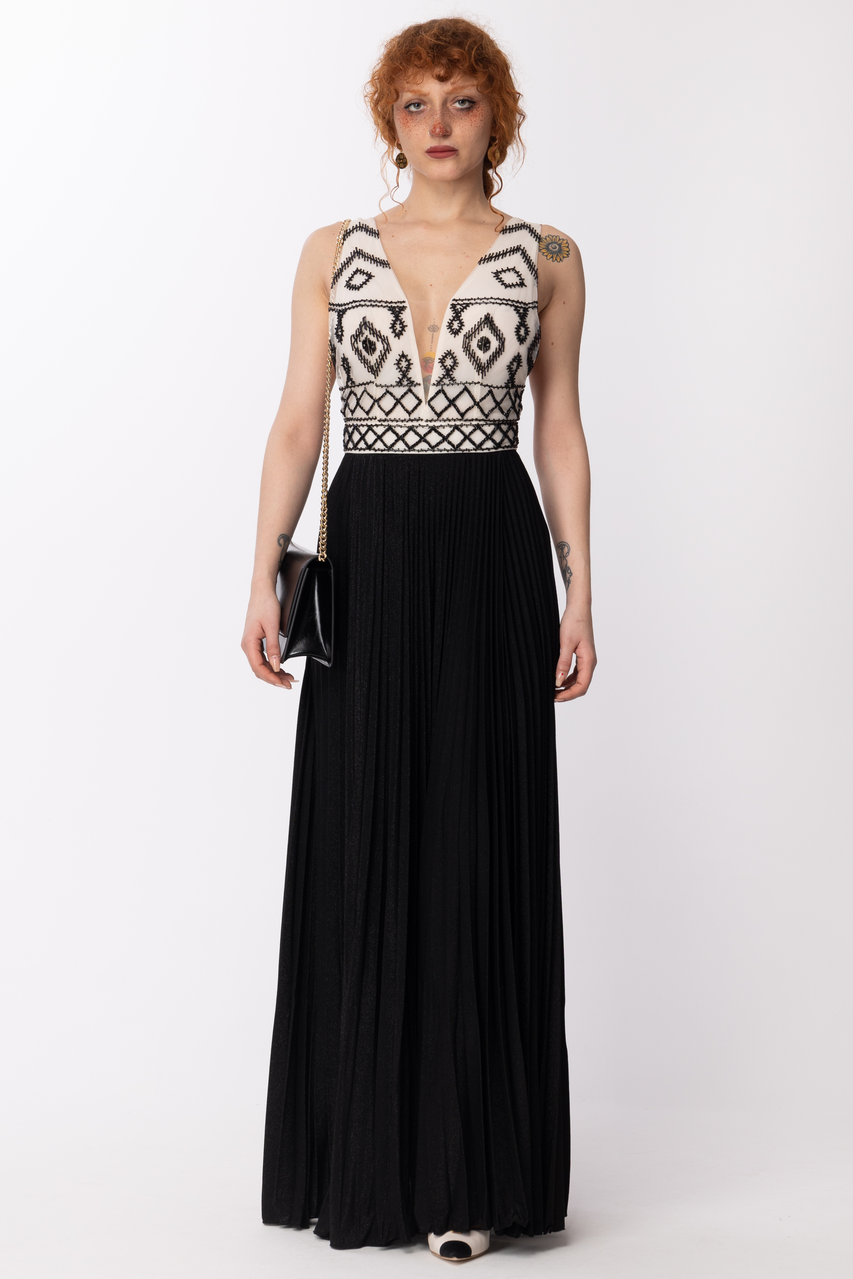Preview: Elisabetta Franchi Red Carpet dress with embroidered bodice Burro/Nero