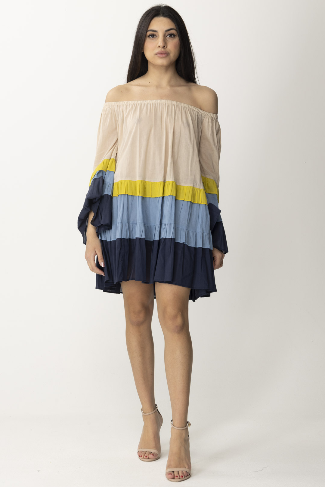 Podgląd: Twin-Set Rozkloszowana mini sukienka z odkrytymi ramionami MUL SHELL/FIORDALISO/BLACKOUT