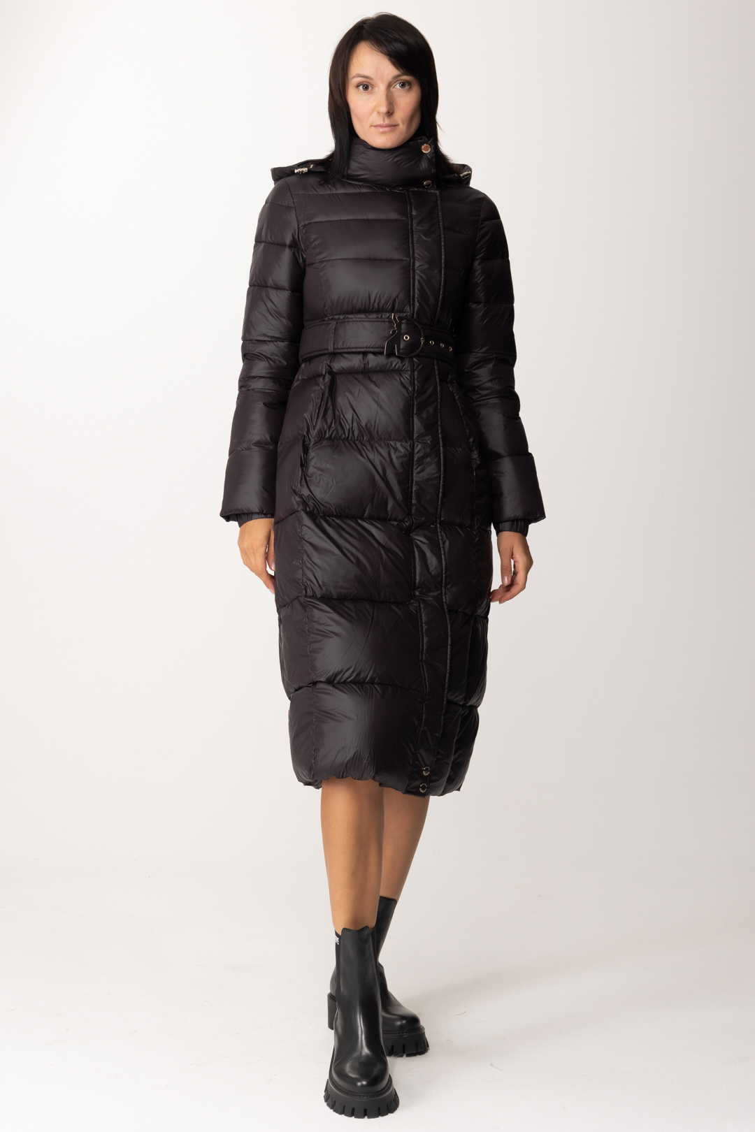 Preview: Patrizia Pepe Long padded coat with belt Nero