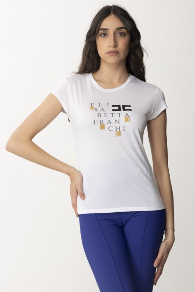 Elisabetta Franchi  T-shirt with lettering logo and fringes MA00841E2 GESSO