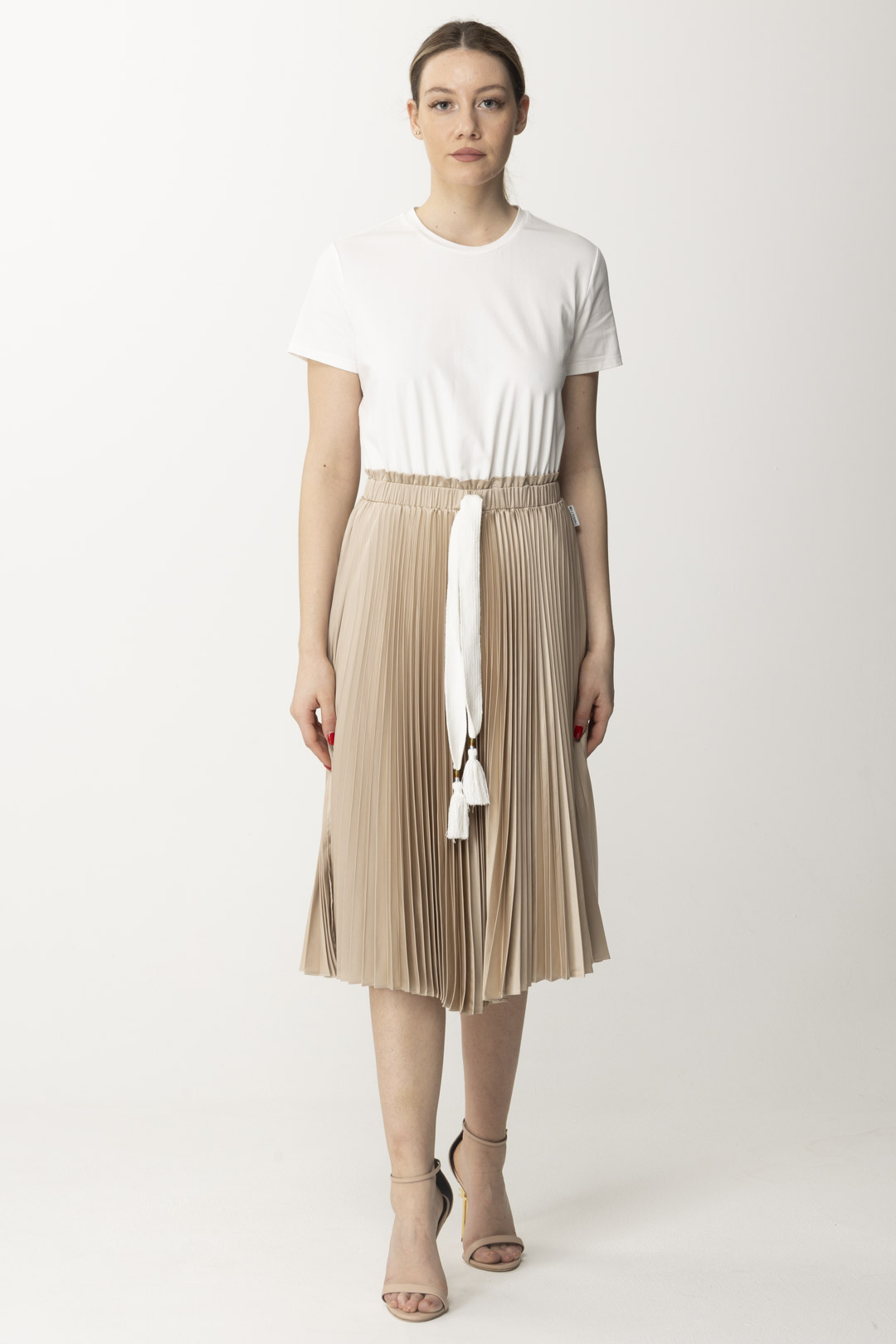 Podgląd: Twin-Set Sukienka midi z plisowanej satyny BIC CHAMPAGNE/OFF WHITE