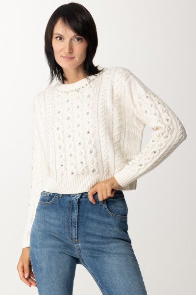 Elisabetta Franchi  Wełniany sweter z haftem z pereł i kryształków MK19B37E2 BURRO