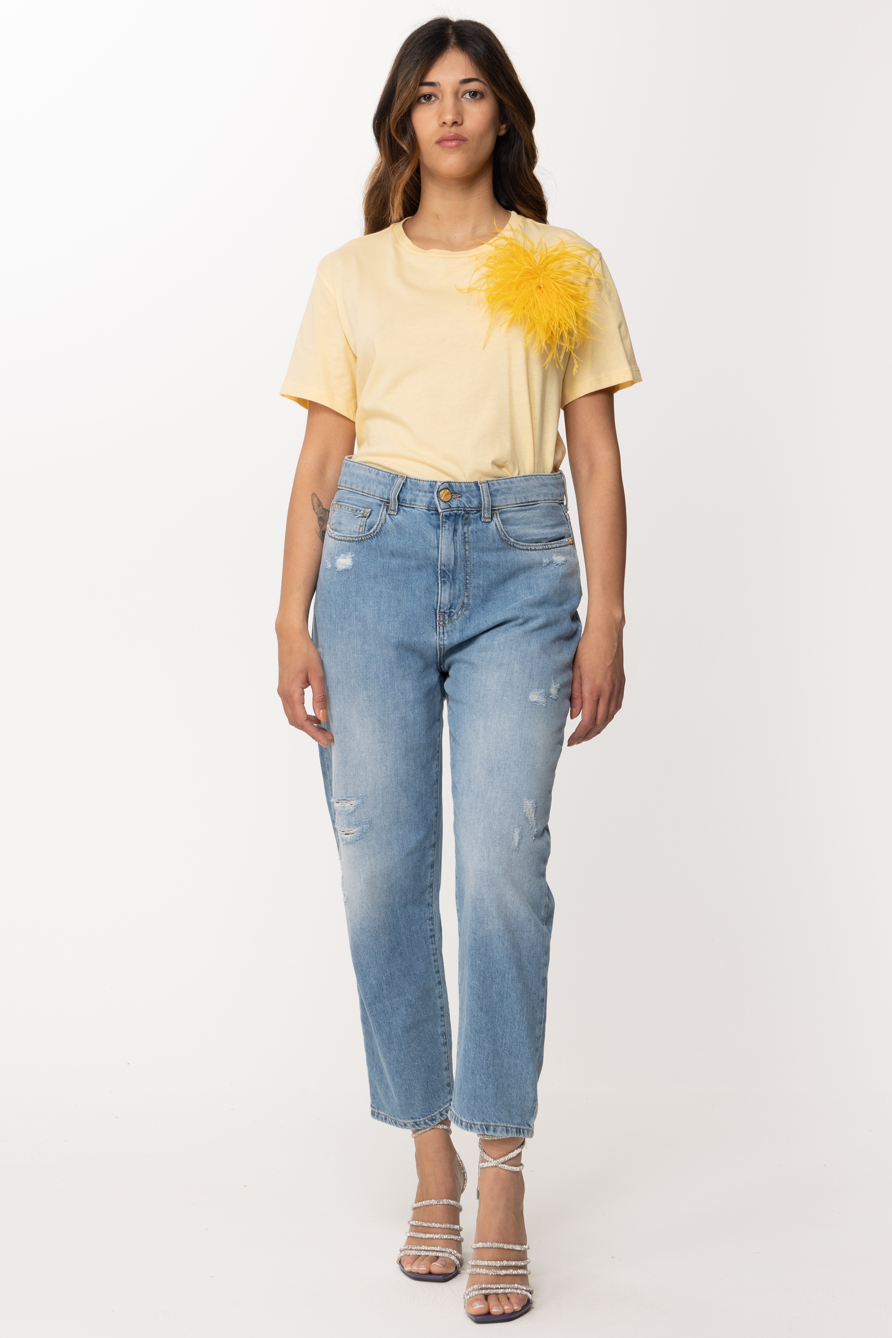 Preview: Patrizia Pepe T-shirt with feather inserts Clarity Yellow
