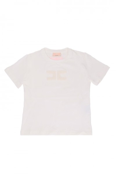 ELISABETTA FRANCHI BAMBINA  T-shirt z haftowanym logo gąbki EFTS1870JE0060000 PANNA CHIARO