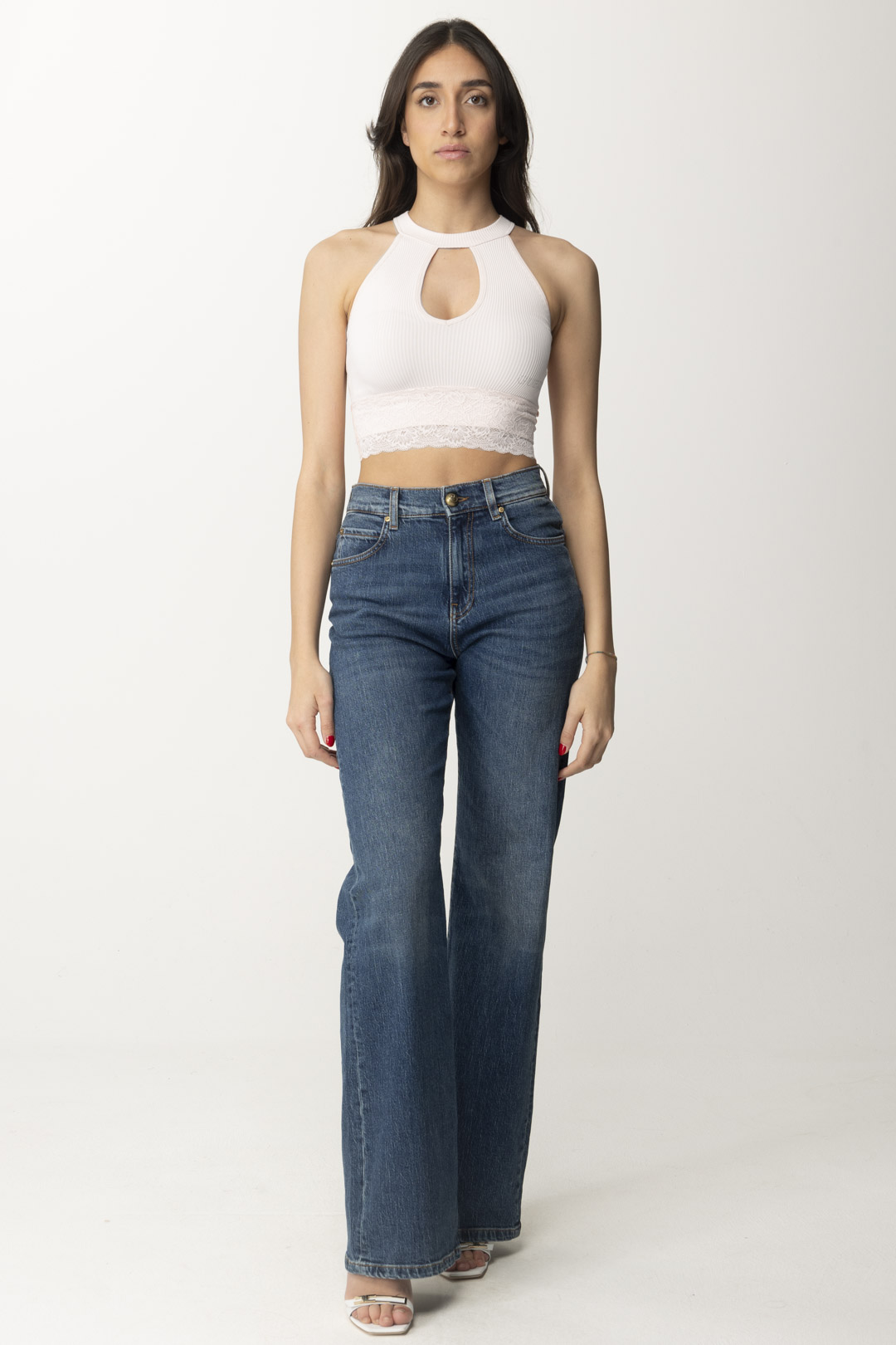 Preview: Guess Crop Top in Tricot with Lace Hem Pure White