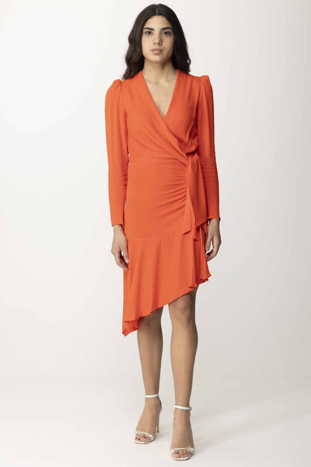 Preview: Elisabetta Franchi Midi Asymmetrical Dress with Side Knot Corallo