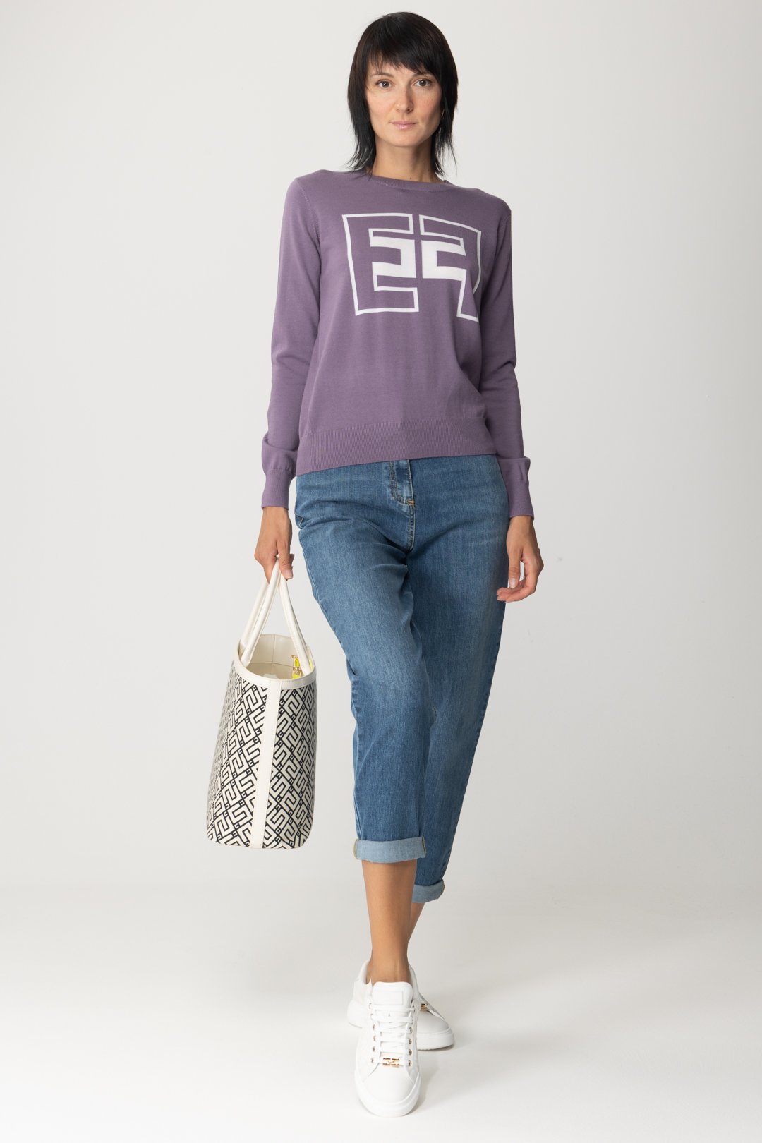 Preview: Elisabetta Franchi Knit pullover with contrasting logo CANDY VIOLET/BURRO