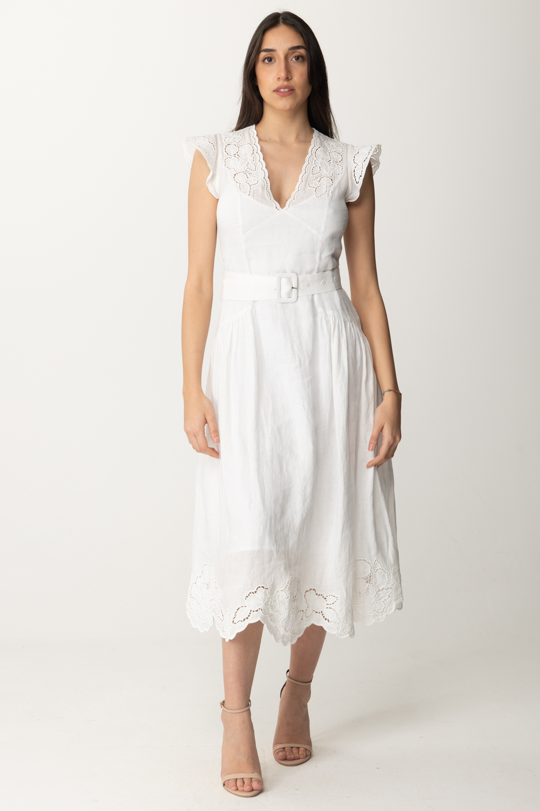 Preview: Twin-Set Linen dress with belt and flower embroidery BIANCO OTTICO
